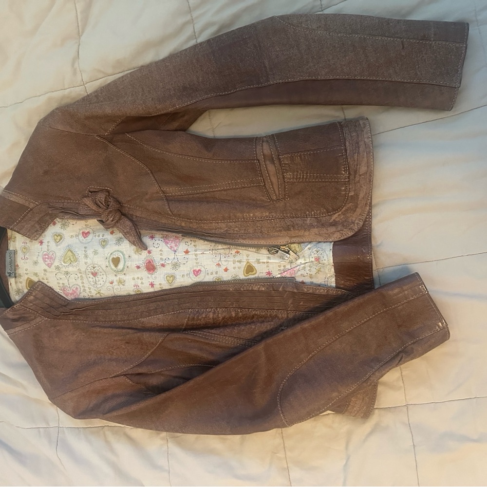 Danier Brown Leather Jacket With Patterned Lining - image 1